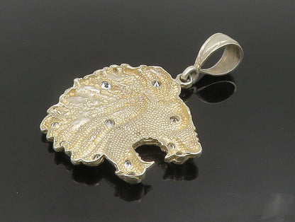 925 Silver  Vintage Carved Roaring Lion Head Cubic Zirconia Pendant  PT20394