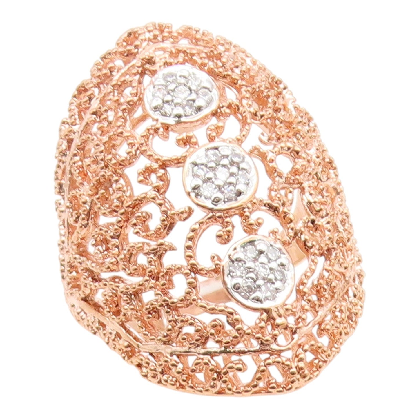 925 Sterling Silver Vintage Ring Gold Plated CZ Intricate Openwork Sz 8 RG35216