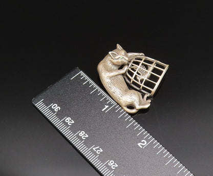 JEZLAINE 925 Silver  Vintage Carved Cat With Bird Cage Brooch Pin  BP9785