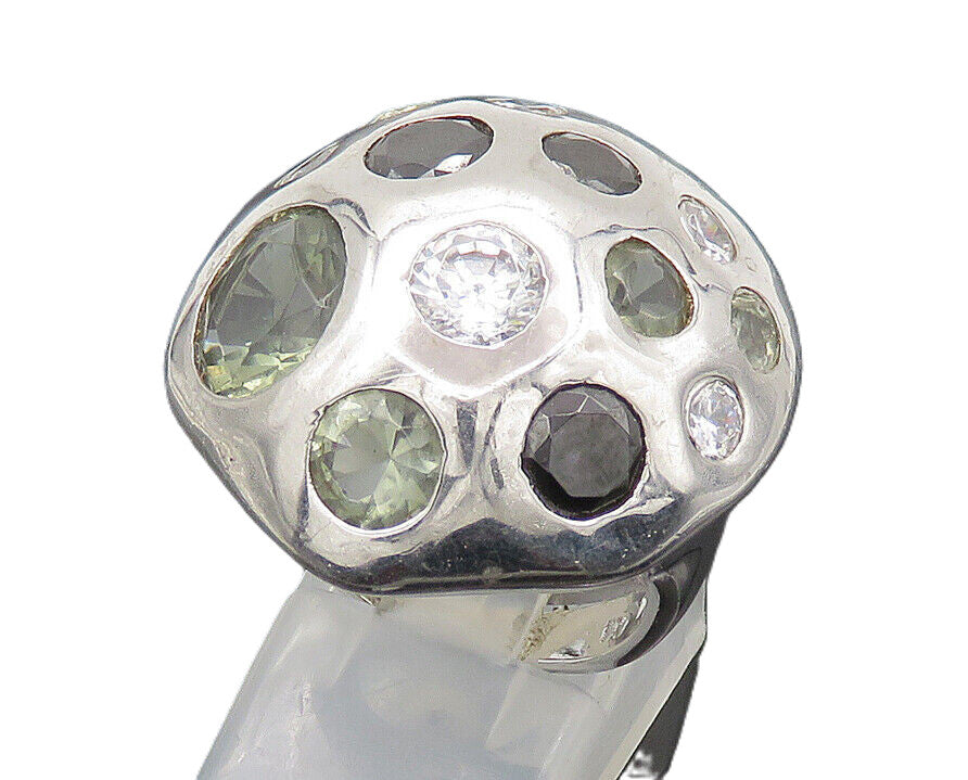 925 Silver  Vintage Cubic Zirconia & Hematite Adjustable Ring Sz 7.5  RG21393