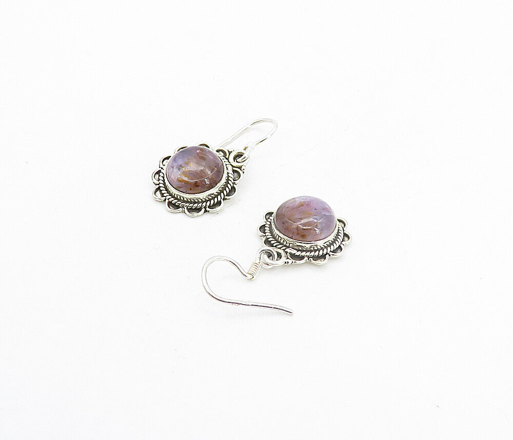 925 Sterling Silver Vintage Cabochon Amethyst Floral Drop Earrings EG3462