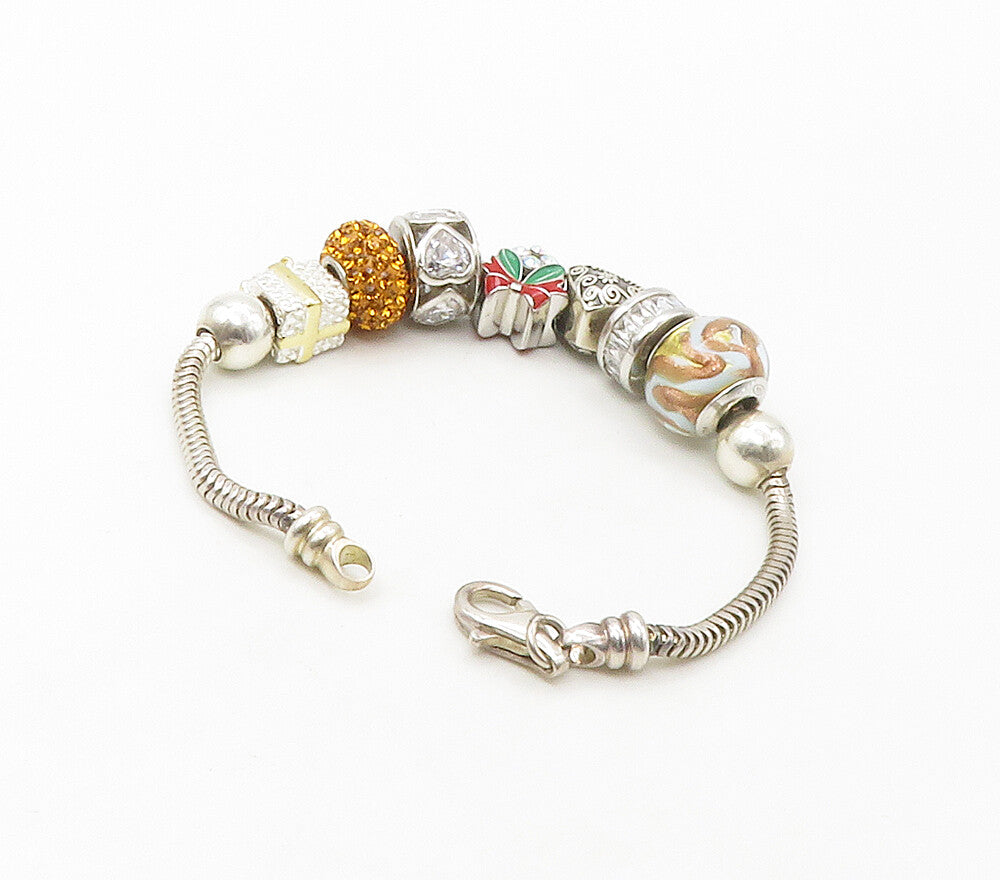 925 Silver  Cubic Zirconia & Citrine Beaded Charms Chain Bracelet  BT6581