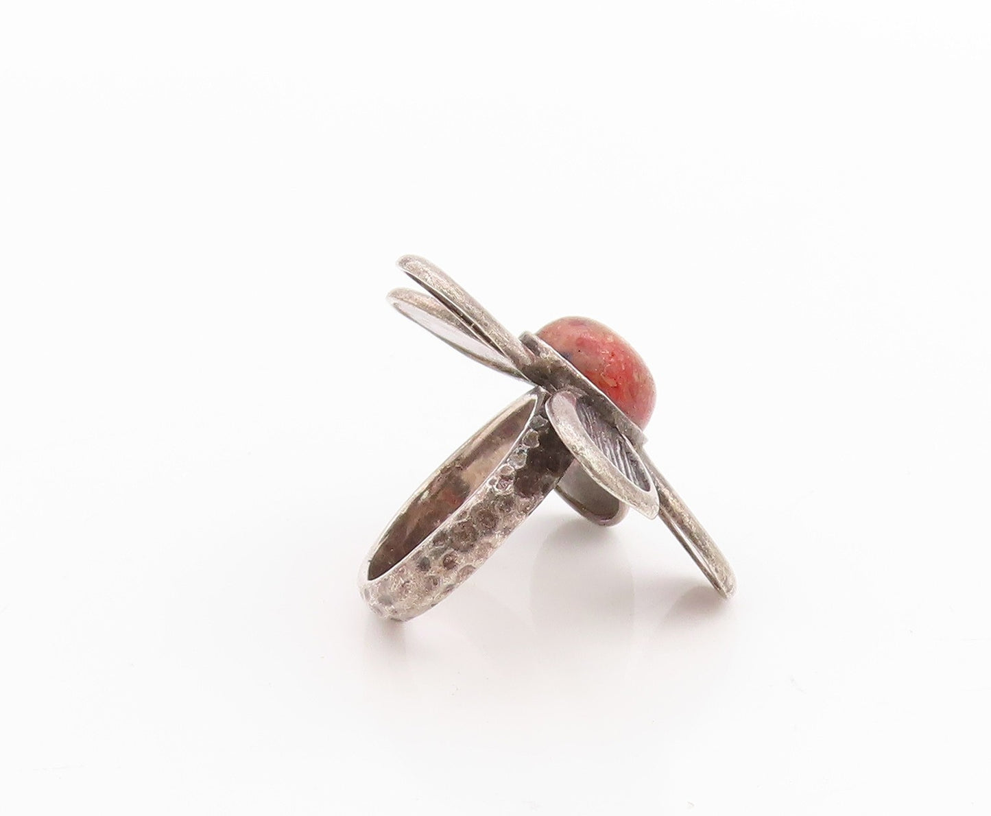 925 Sterling Silver Vintage Ring Cabochon Gemstone Flower Cutout  Sz 7.5 RG33271