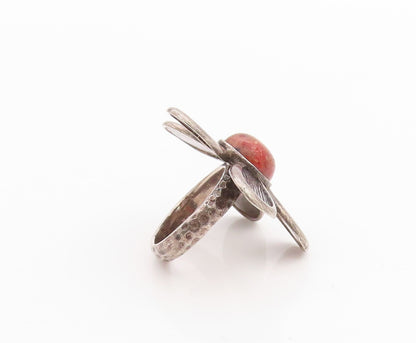925 Sterling Silver Vintage Ring Cabochon Gemstone Flower Cutout  Sz 7.5 RG33271