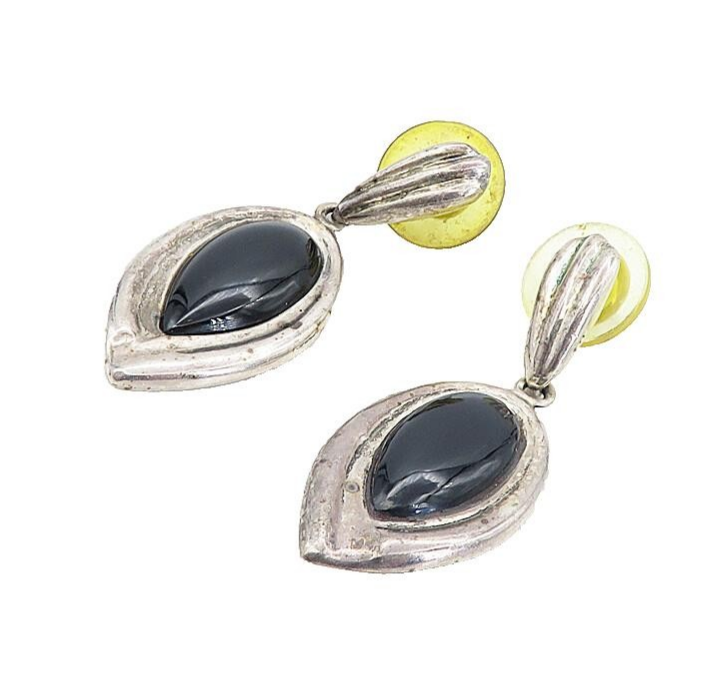 925 Sterling Silver  Vintage Cabochon Cut Black Onyx Dangle Earrings  EG4293