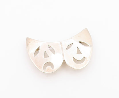 MEXICO 925 Sterling Silver  Vintage Dramatic Theater Masks Brooch Pin  BP3377