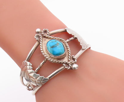 925 Sterling Silver Vintage Bracelet Floral Cutout Turquoise Cuff  BT11129