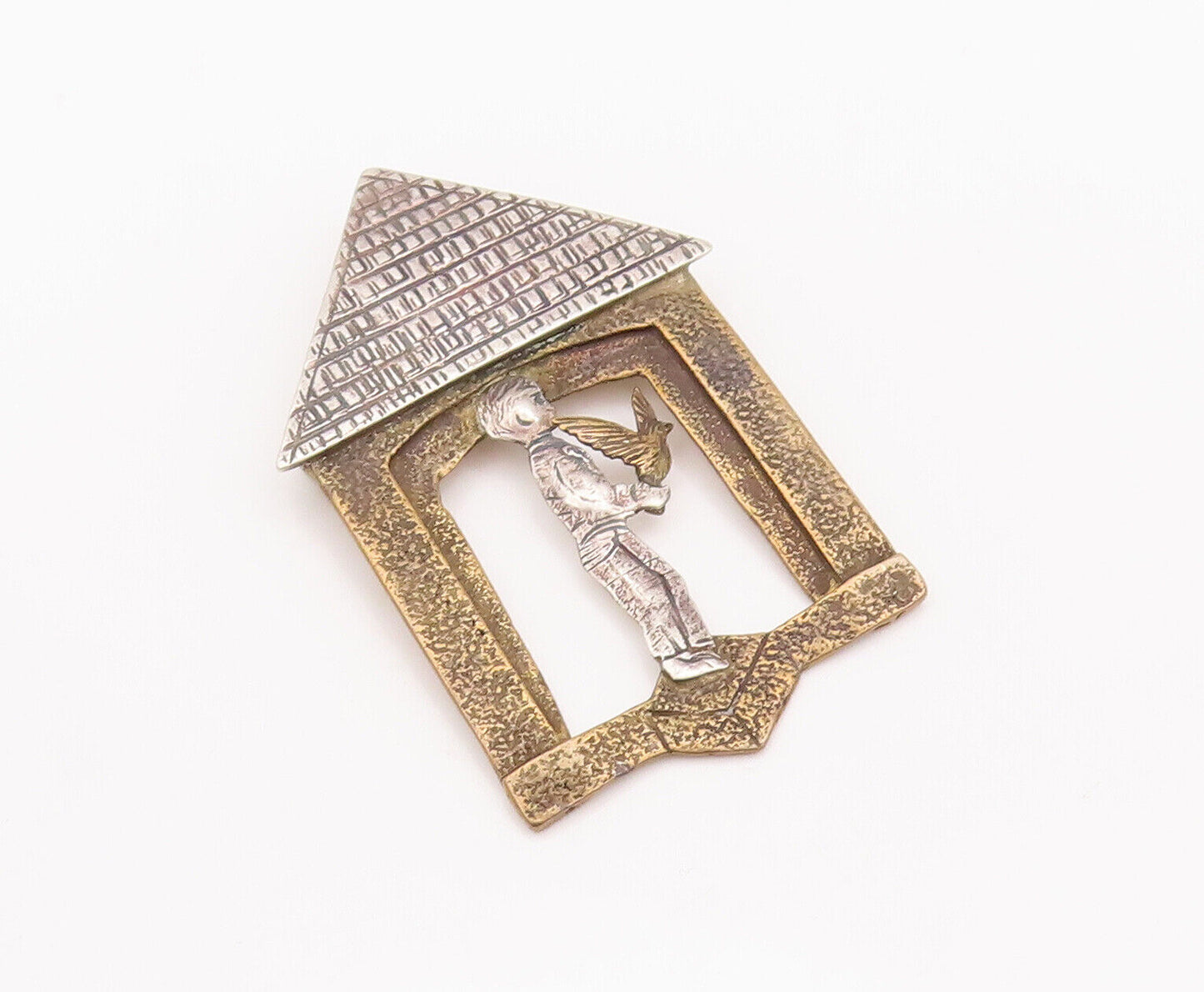 925 Sterling Silver Vintage Brooch Pin COURTNEY Carved Boy With Bird  BP10794