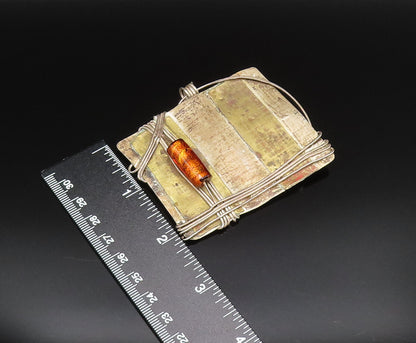 925 Sterling Silver  Vintage Wire Wrapped Modernist Amber Brooch Pin  BP9784