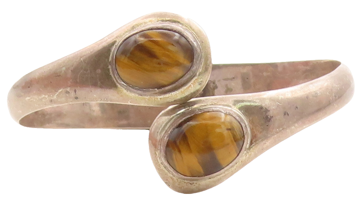 MEXICO 925 Silver Vintage Cabochon Tiger's Eye Bypass Cuff Bracelet BT1694