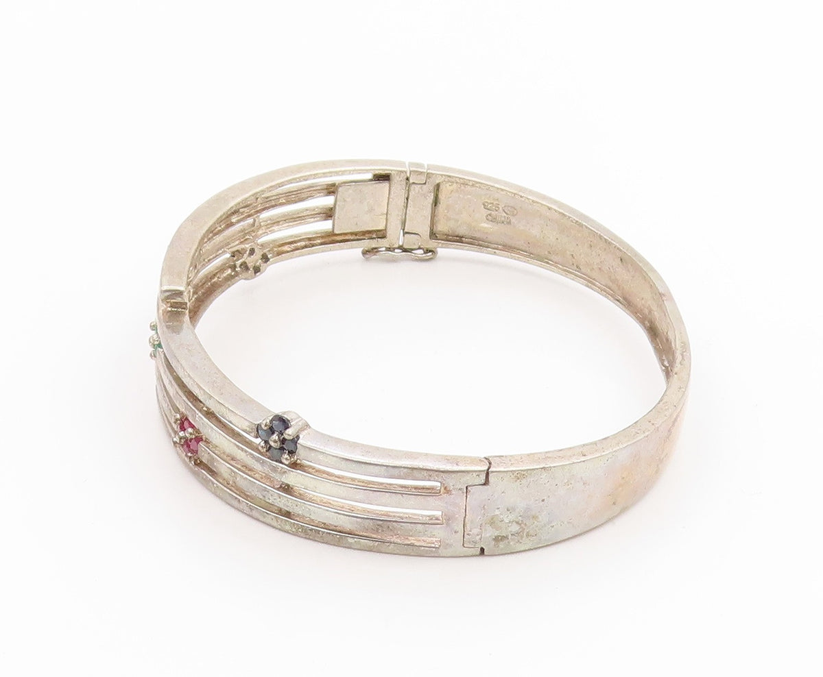 925 Sterling Silver Vintage Bracelet Sapphire Ruby Emerald Floral Bangle BT11799
