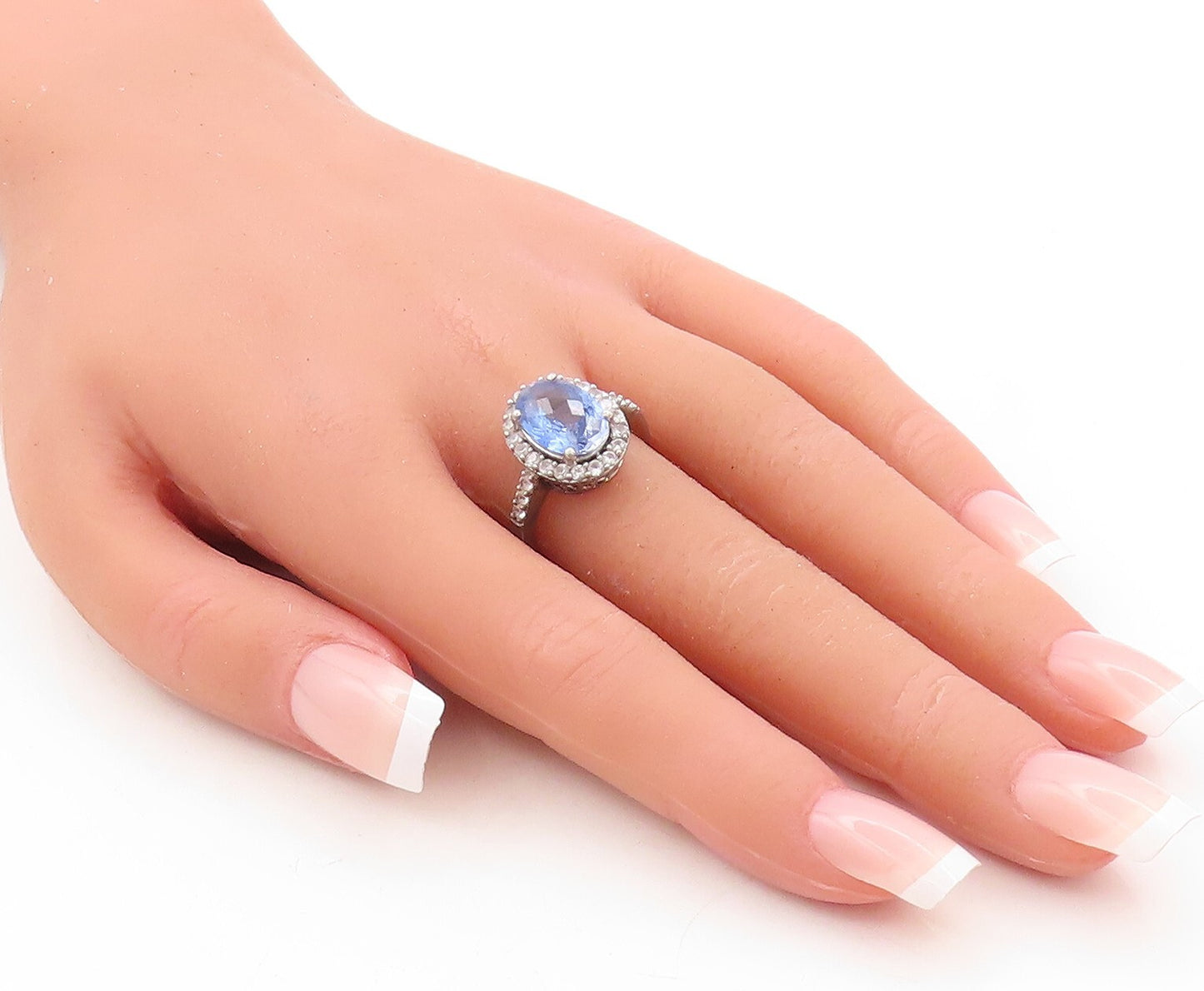 925 Sterling Silver Vintage Ring Oval Cut Blue Halo White CZ  Sz 7  RG31033