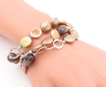 925 Sterling Silver Vintage Bracelet Designer Abalone & Smokey Quarts  BT10670