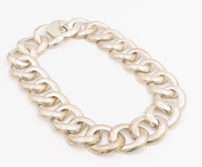 925 Sterling Silver Vintage Necklace MEXICO Chunky Oval Cuban Link Choker NE4788
