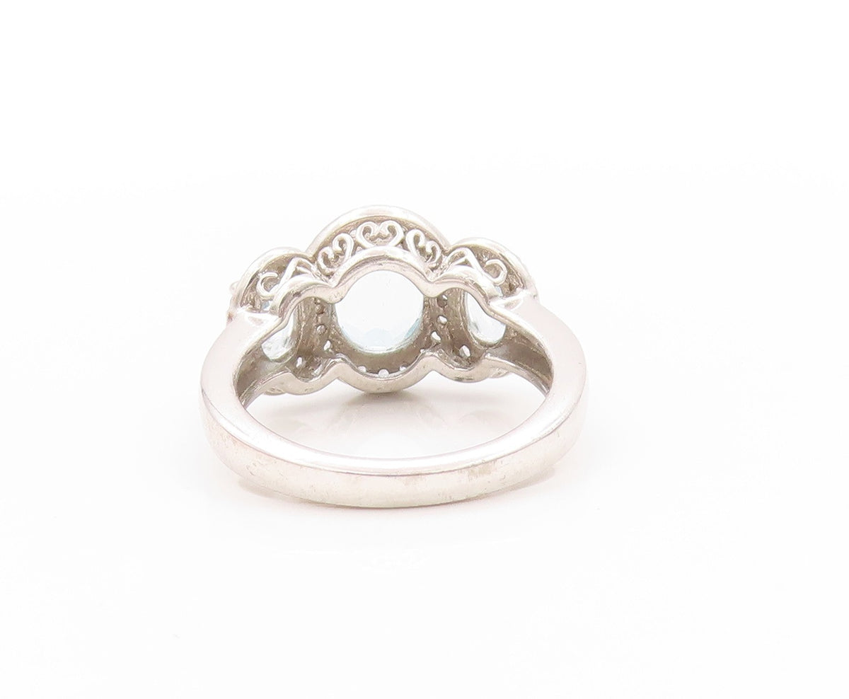 925 Sterling Silver Vintage Ring Three Blue Halo White Topaz  Sz 6  RG32788
