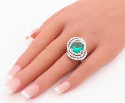 925 Sterling Silver Vintage Ring Designer Round Green Cutout Rings Sz 8 RG30149