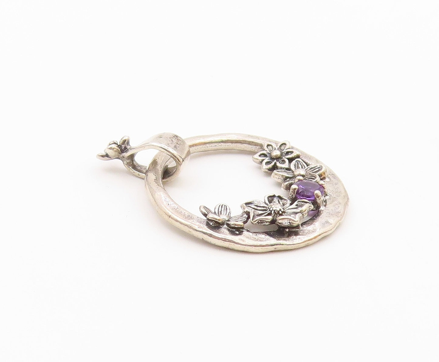OR PAZ ISRAEL 925 Silver  Vintage Hammered Floral Amethyst Pendant  PT21477