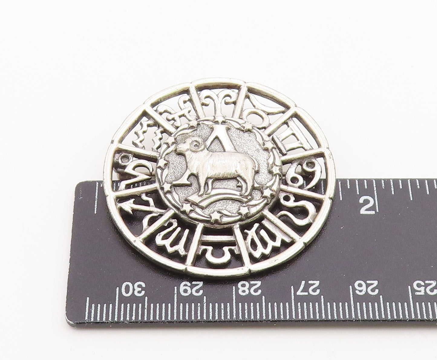 925 Sterling Silver  Vintage Aries Zodiac Calendar Cutout Brooch Pin  BP9621