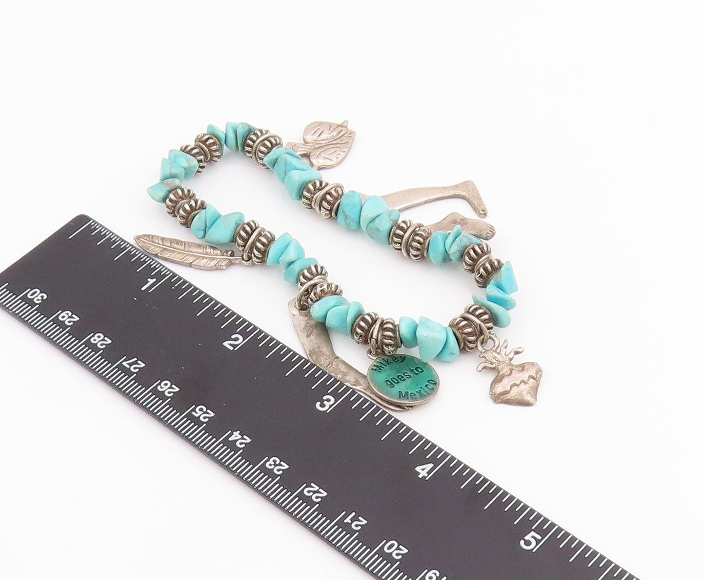 925 Sterling Silver Vintage Bracelet Beaded Turquoise With Etched Charms BT11857