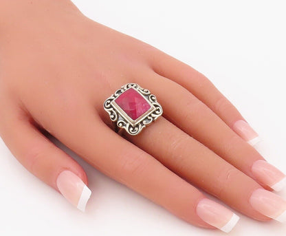 925 Sterling Silver Vintage Ring Red Gemstone Swirly Carved Frame Sz 8  RG30280