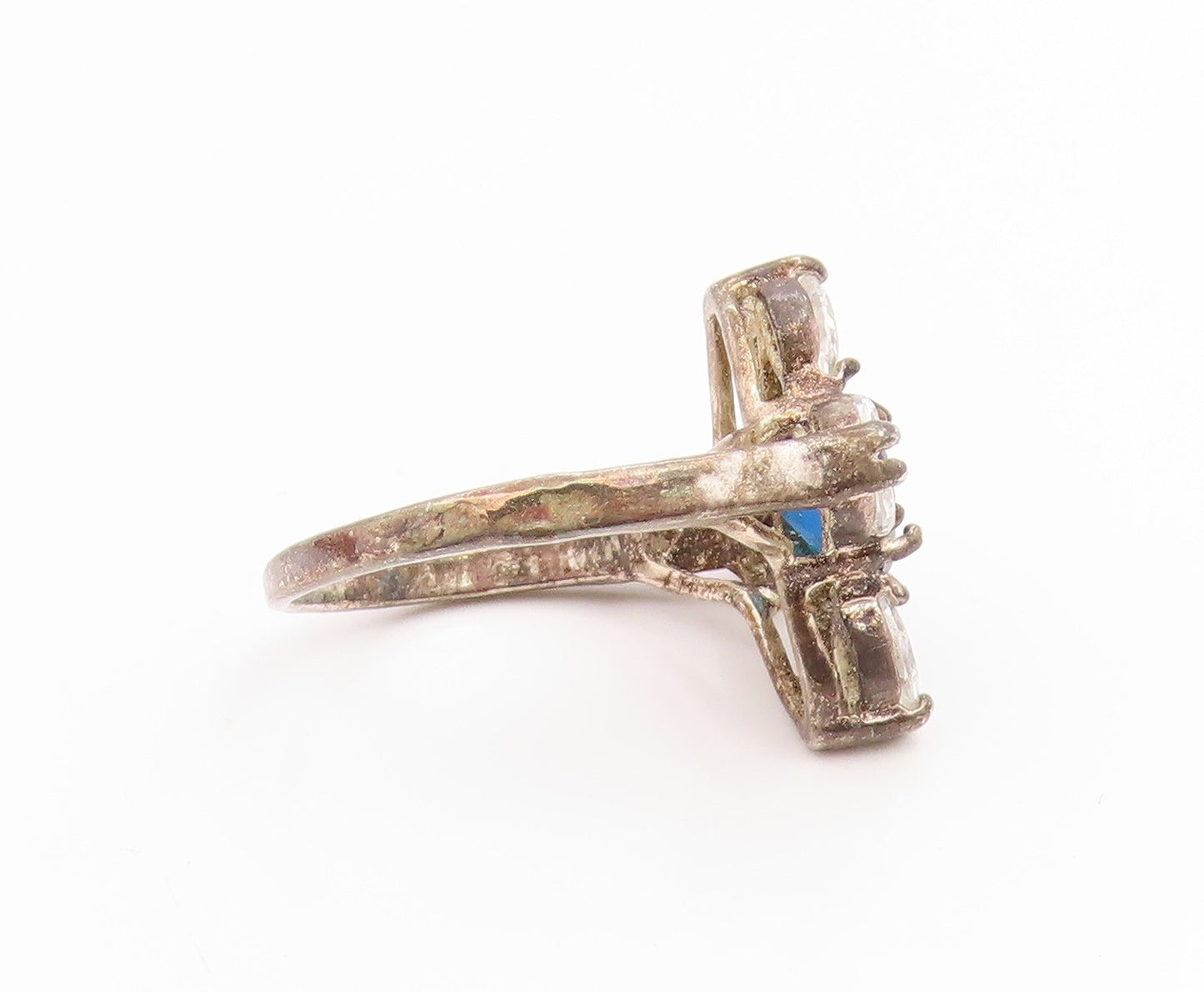 925 Sterling Silver Vintage Ring Blue & White Topaz Flower Band  Sz 8  RG35565