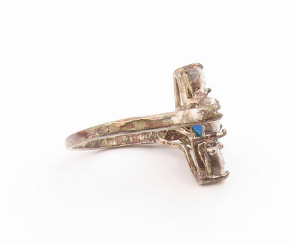 925 Sterling Silver Vintage Ring Blue & White Topaz Flower Band  Sz 8  RG35565