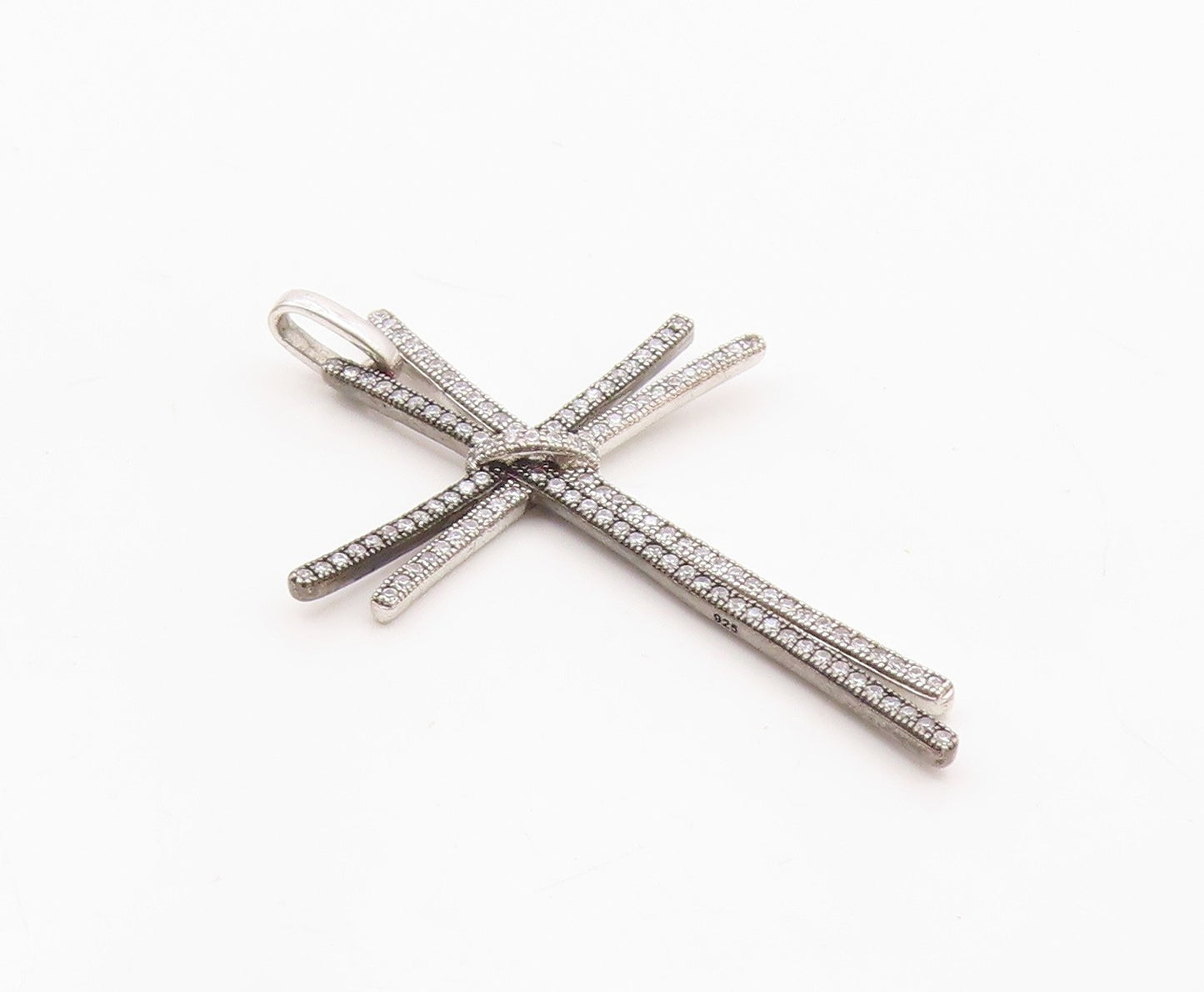 925 Silver  Vintage Double Cubic Zirconia Religious Cross Pendant  PT20722
