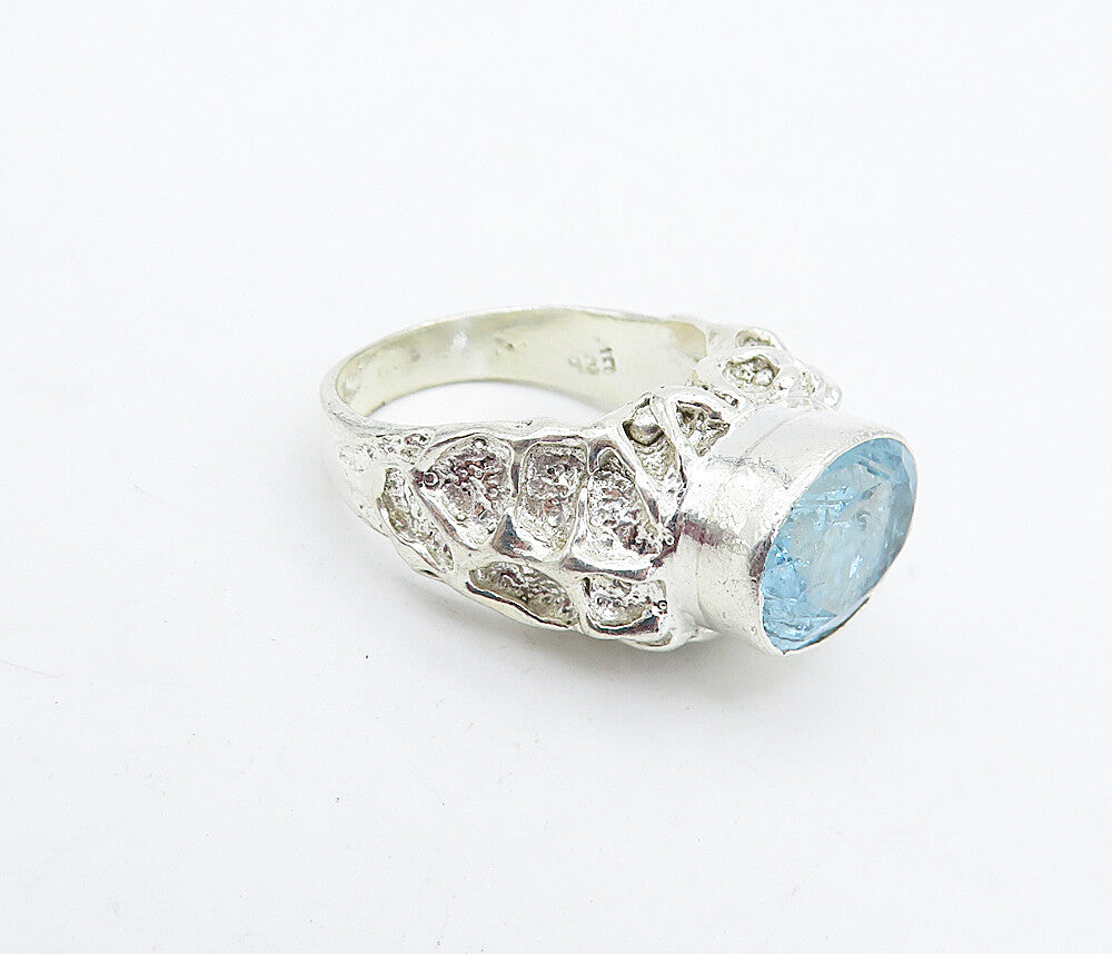 925 Sterling Silver  Blue Topaz Sculpted Band Cocktail Ring Sz 7.5  RG4536
