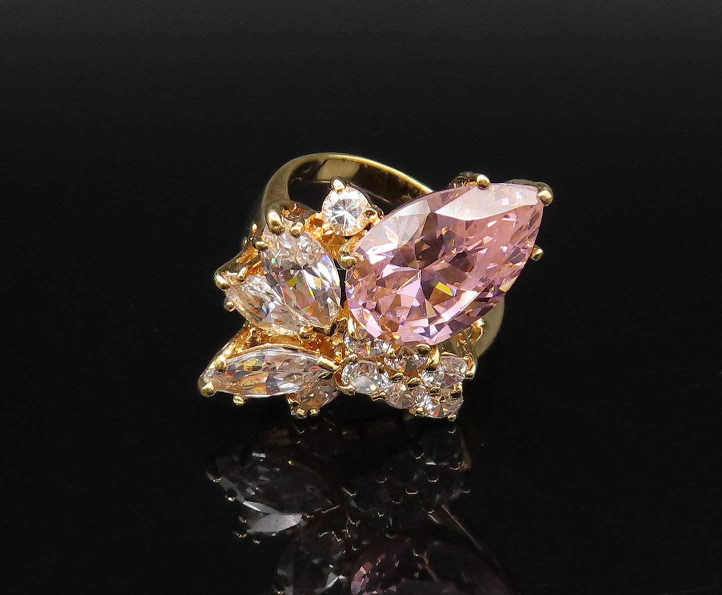 925 Silver  Vintage Gold Plated Pink & White Cubic Zirconia Ring Sz 6  RG26032