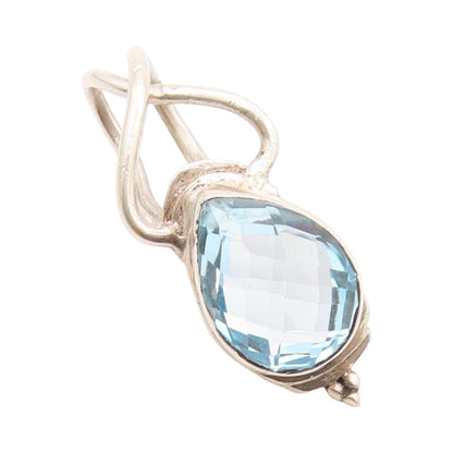 925 Sterling Silver Vintage Pendant Modernist Drop Cut Blue Topaz  PT23959