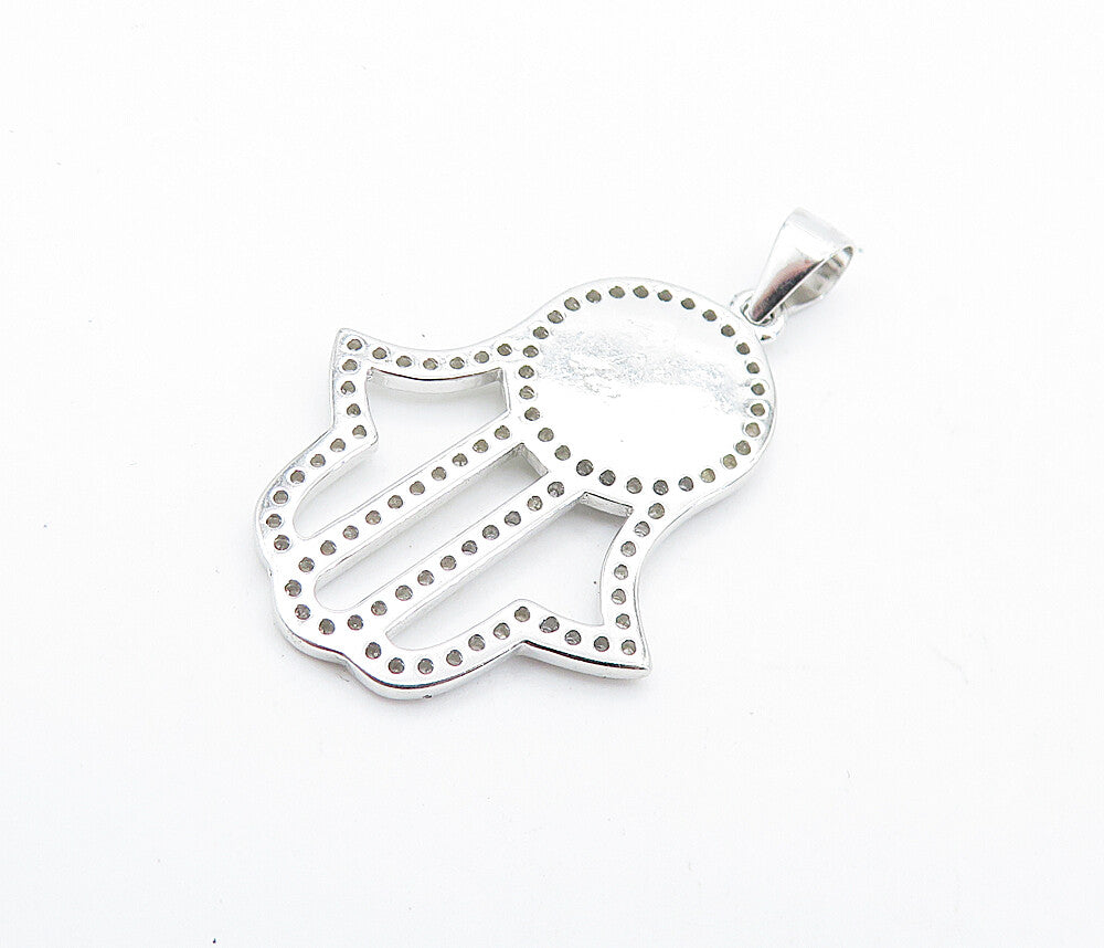 925 Sterling Silver  Shiny Topaz & Enamel Detail Open Hamsa Pendant  PT5568