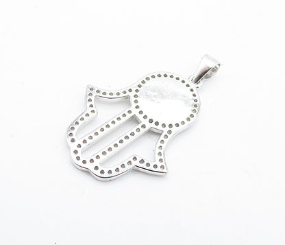 925 Sterling Silver  Shiny Topaz & Enamel Detail Open Hamsa Pendant  PT5568