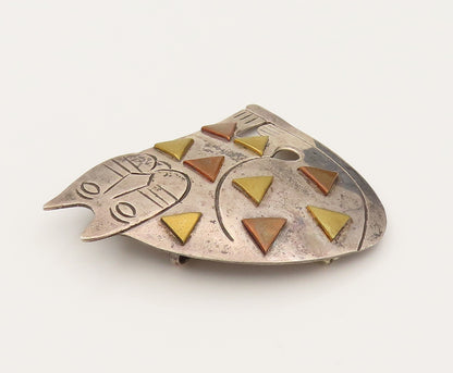 DESIGNER 925 Silver  Vintage Tri Tone Triangle Pattern Cat Brooch Pin  BP10277