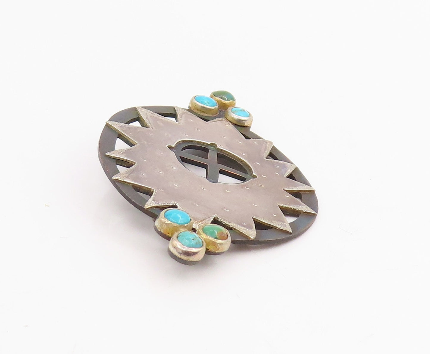925 Sterling Silver Vintage Brooch Pin PAT GARRETT Turquoise Sunburst  BP12218
