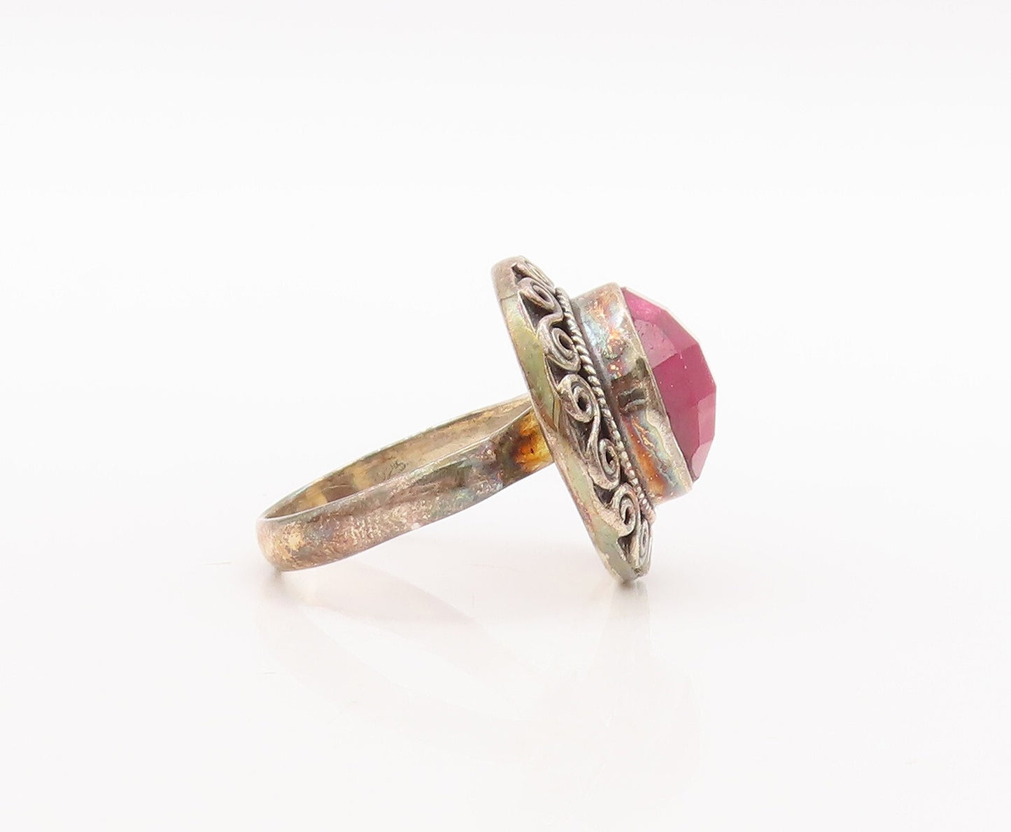 925 Sterling Silver Vintage Ring Pink Gemstone Swirly Carved  Sz 7  RG29704