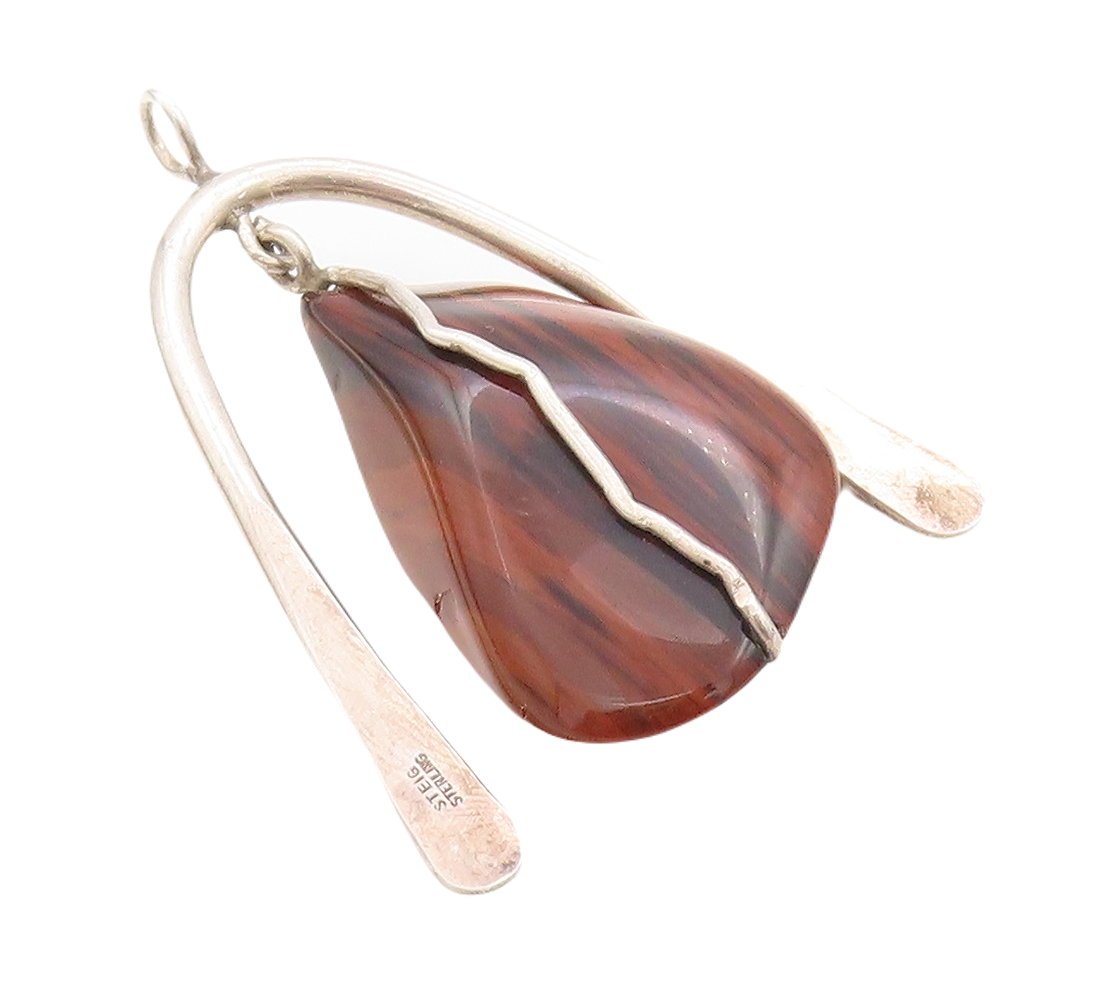 925 Sterling Silver Vintage Pendant STEIG Modernist Brown Gemstone  PT23642