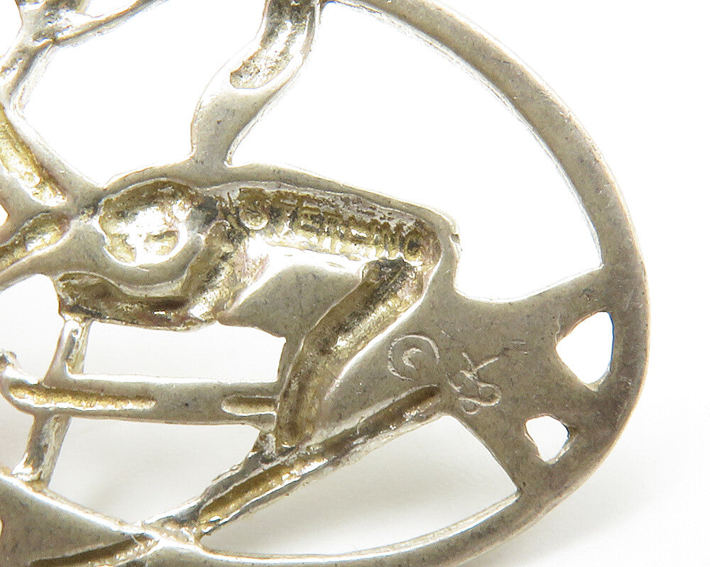 925 Sterling Silver  Vintage Skiing Scene Sports Oval Drop Pendant  PT11283