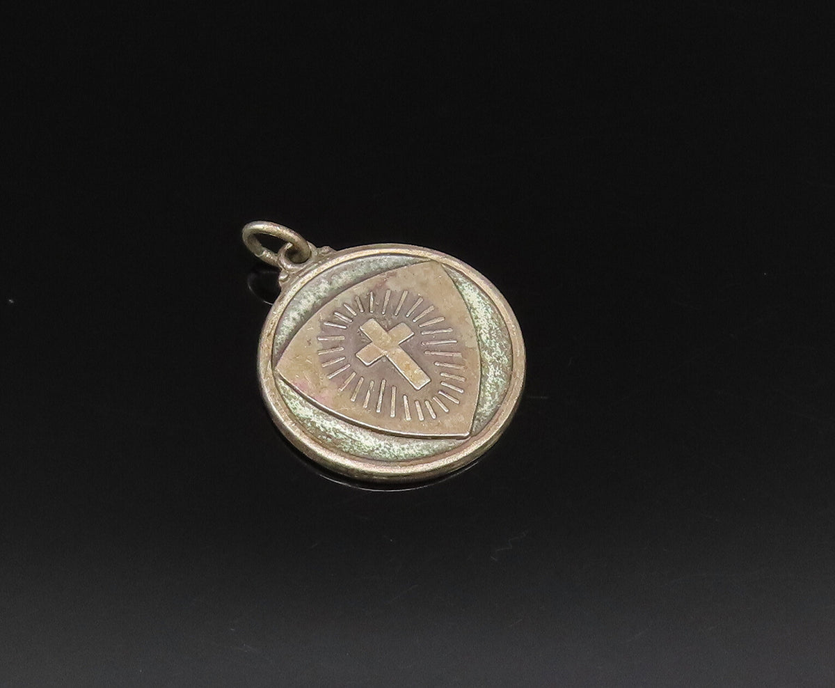 HAYWARD 925 Silver  Vintage Religious Cross Round Medal Pendant  PT21520
