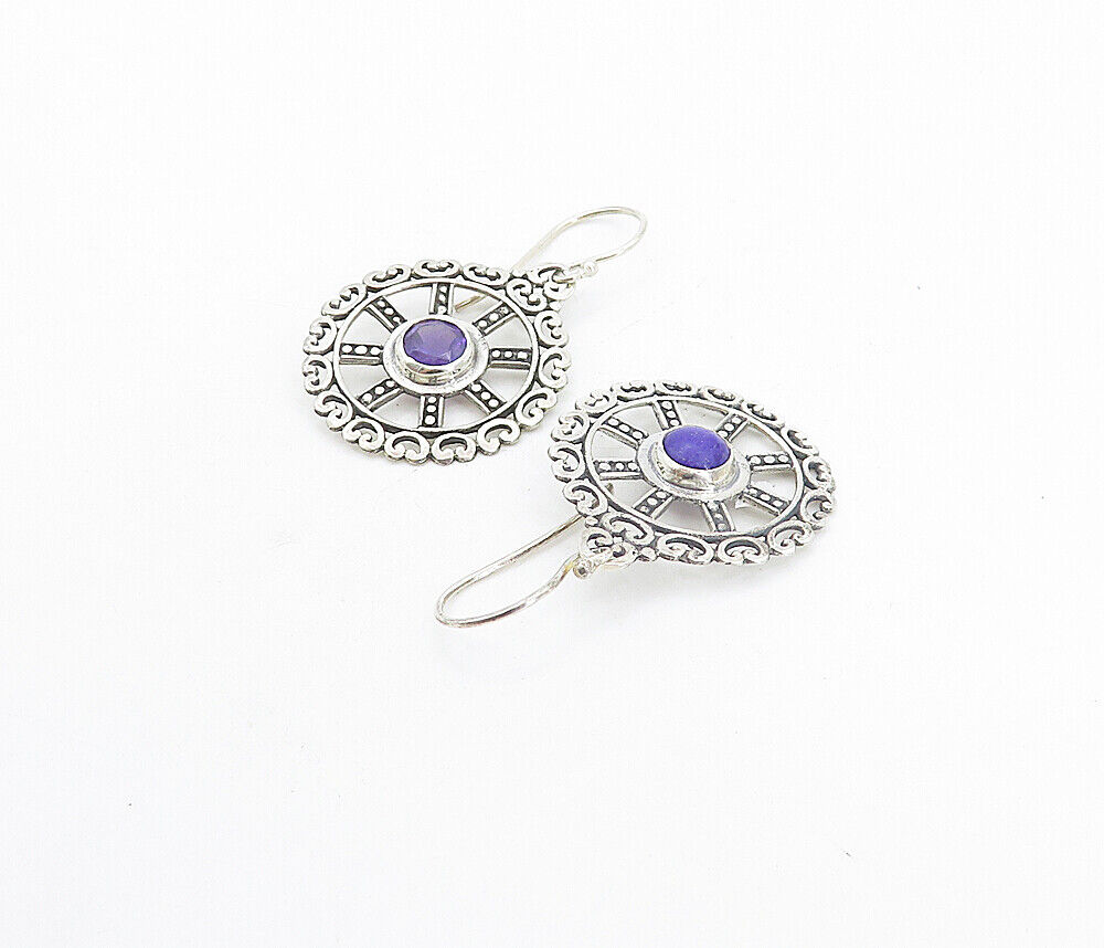 925 Sterling Silver  Amethyst Round Open Design Shiny Dangle Earrings  EG3798