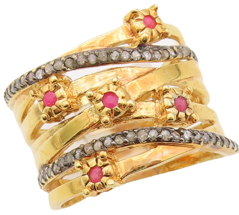 925 Sterling Silver Vintage Ring Gold Plated Ruby & Diamonds  Sz 8  RG29917