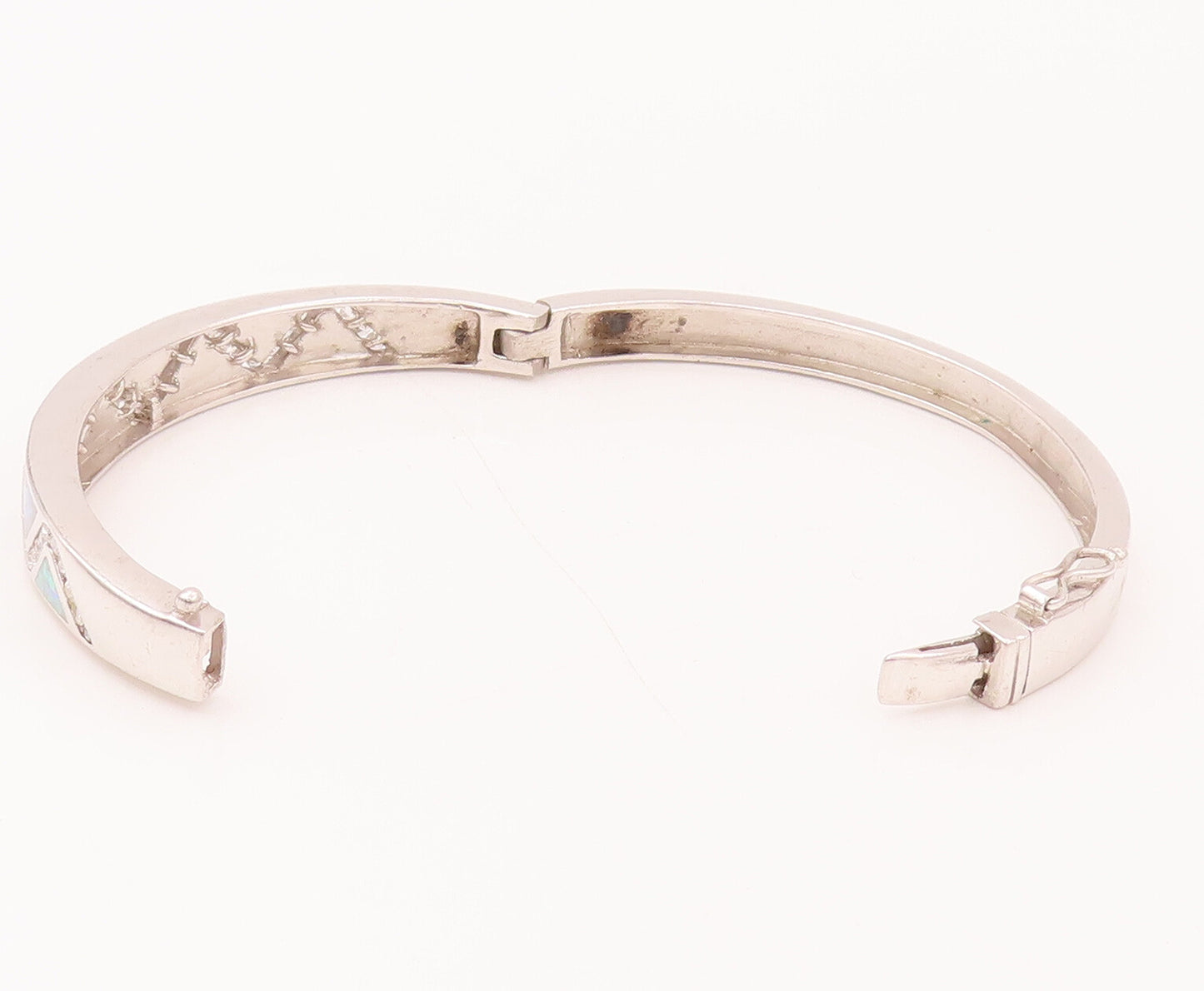 925 Sterling Silver  Vintage Wave Of CZ & Fire Opal Bangle Bracelet  BT9944