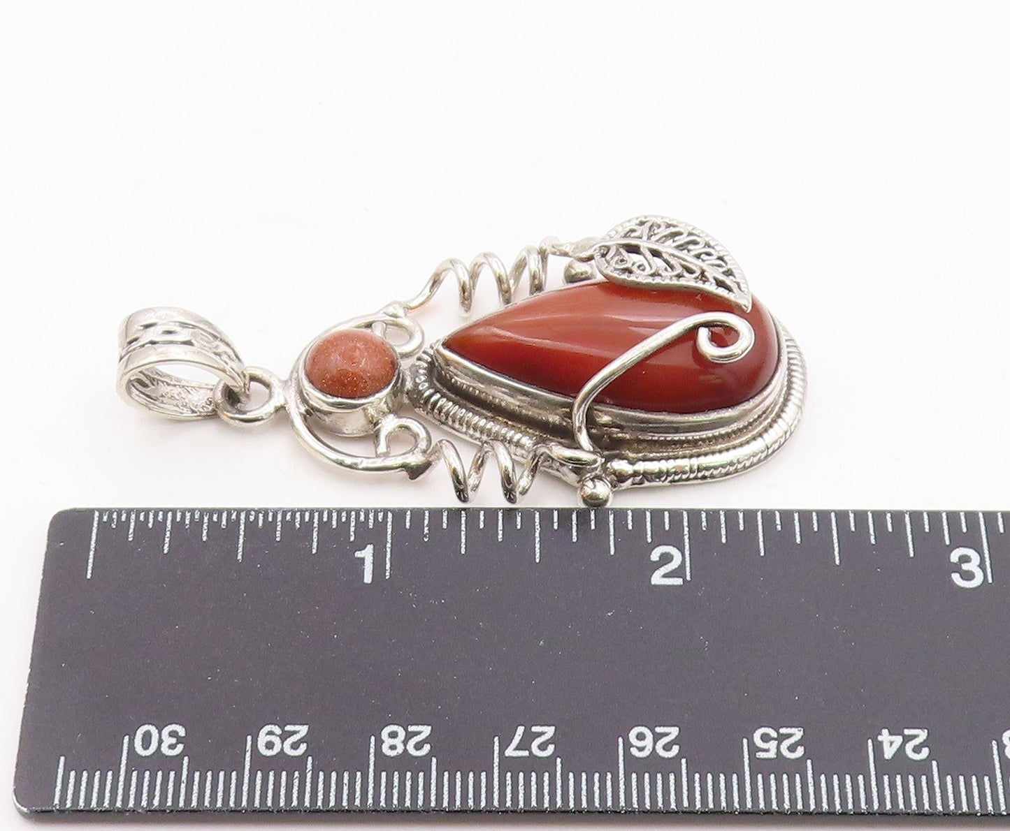 925 Sterling Silver  Agate & Goldstone Floral Leaf Swirl Pendant  PT10973