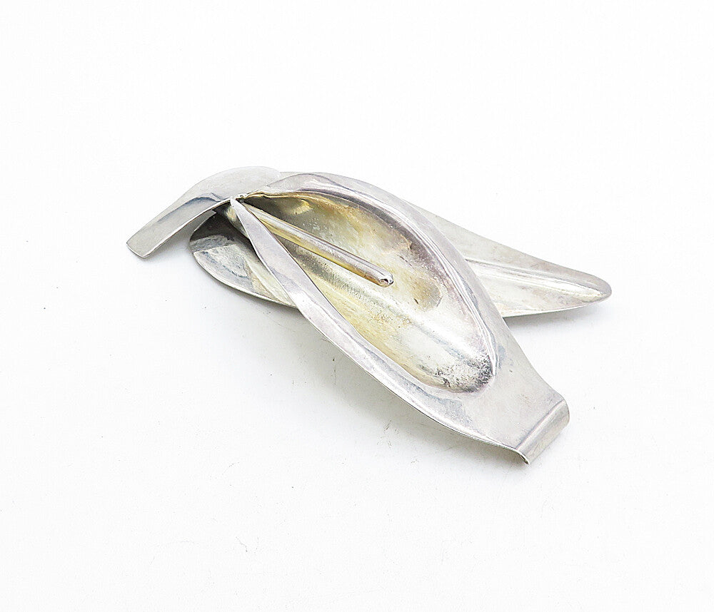 MEXICO 925 Sterling Silver  Vintage Sculpted Floral Leaf Brooch Pin  BP1892