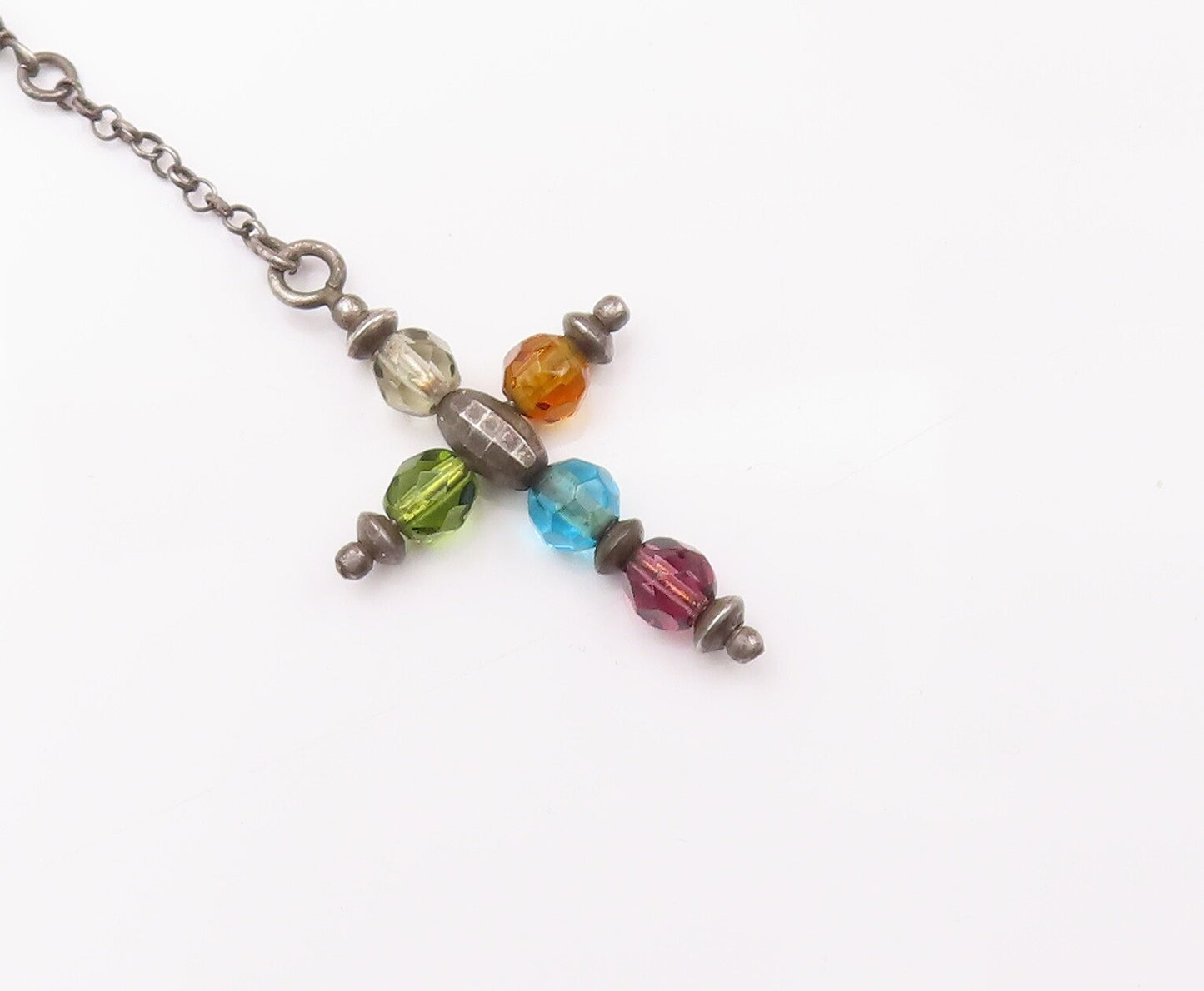 925 Sterling Silver Vintage Necklace Minimalist Religious Beaded Cross  NE4275