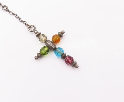 925 Sterling Silver Vintage Necklace Minimalist Religious Beaded Cross  NE4275
