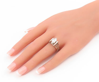925 Sterling Silver Vintage Ring Marquise Cut CZ Floral Cutout  Sz 7  RG35131