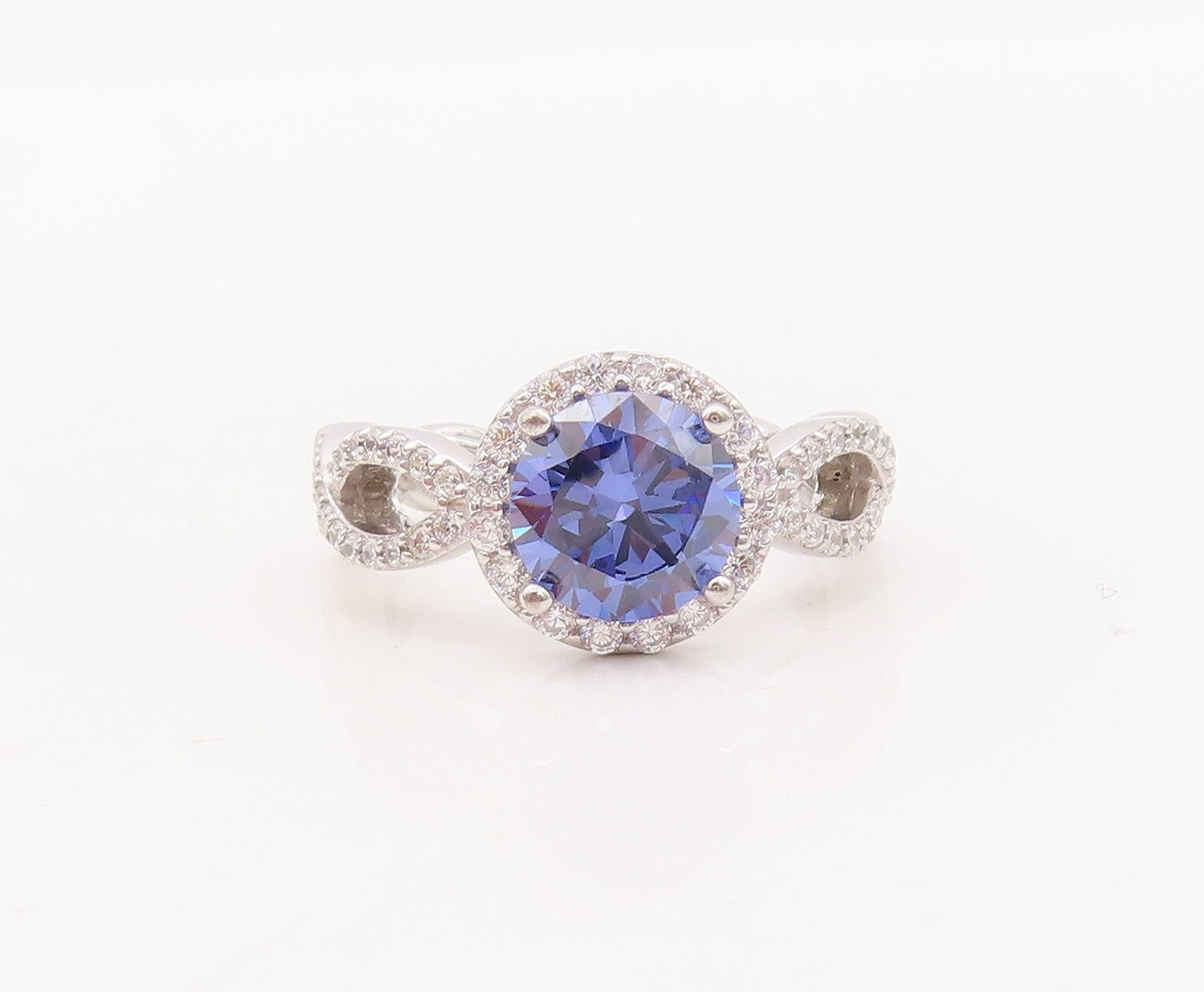 925 Sterling Silver Vintage Ring Round Blue Designer CZ Band  Sz 7  RG29301
