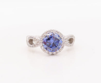 925 Sterling Silver Vintage Ring Round Blue Designer CZ Band  Sz 7  RG29301