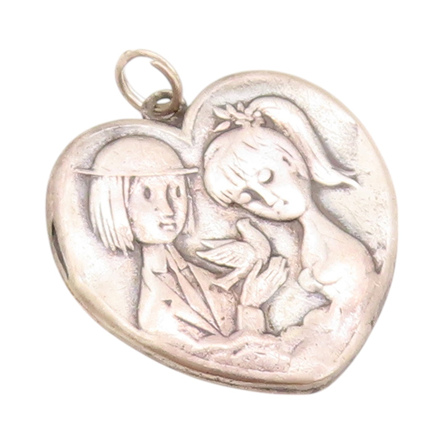 925 Sterling Silver Vintage Pendant Antique French Lovers Heart   PT24217