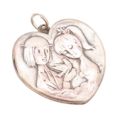 925 Sterling Silver Vintage Pendant Antique French Lovers Heart   PT24217